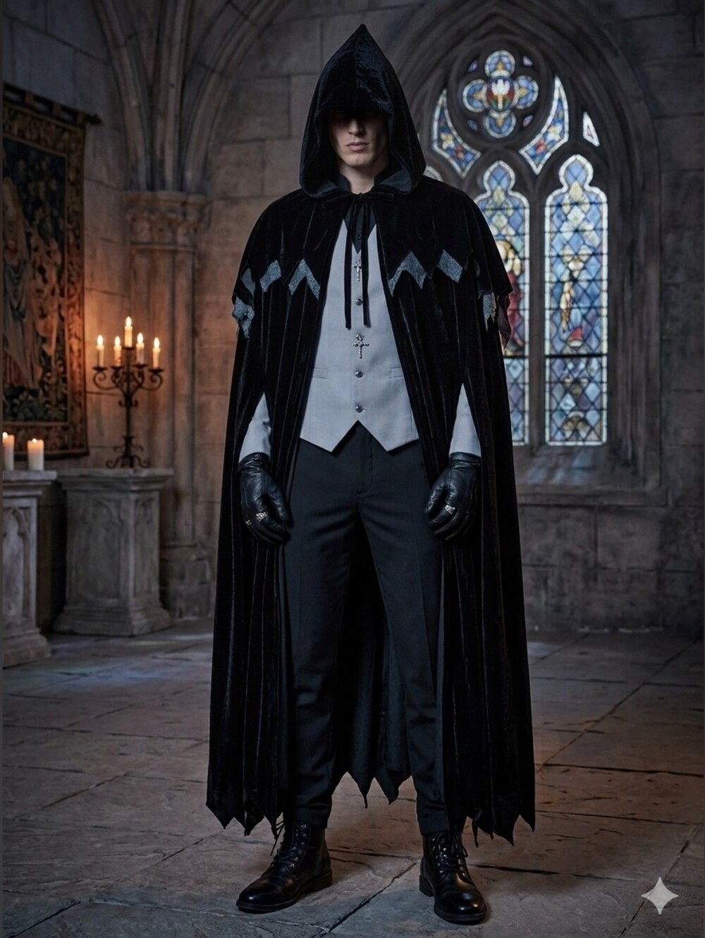 Adult Elegant Black Velvet Hooded Cloak Cape With Silver Mesh Accents